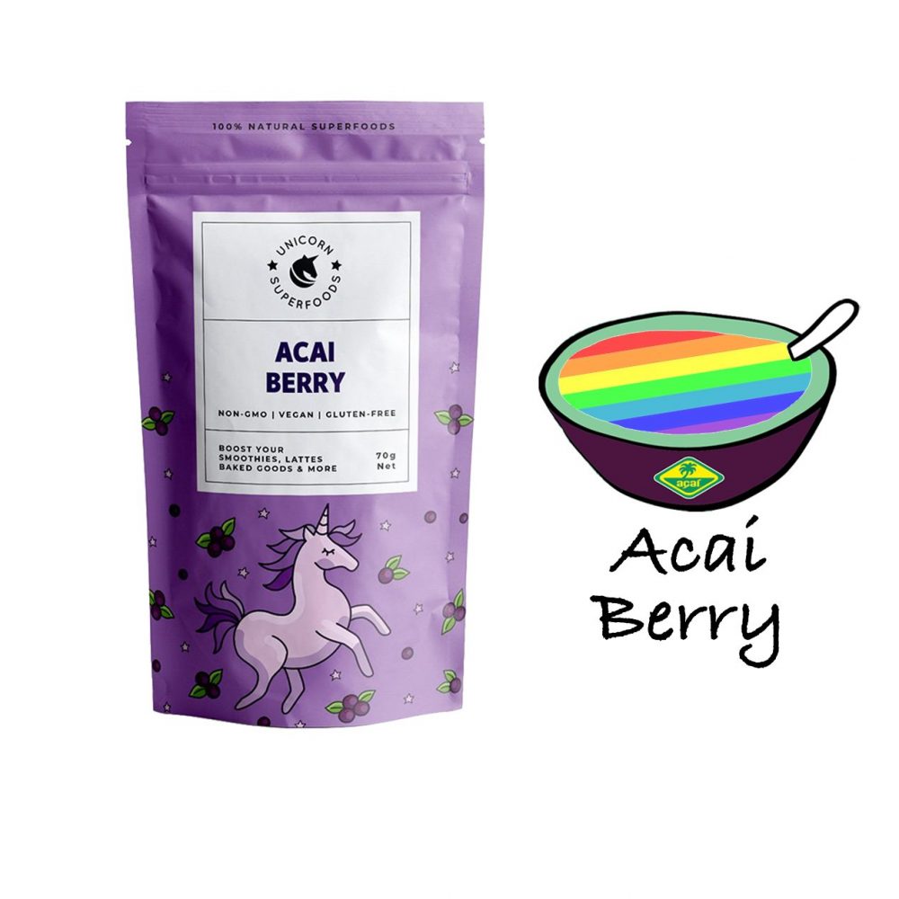 Verpakking Acai berry poeder unicorn superfood voor smoothies en bowls