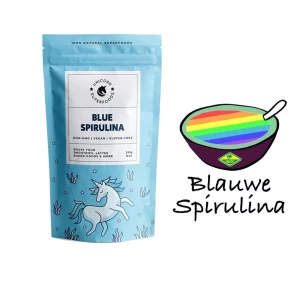 Verpakking Blauwe Spirulina poeder unicorn superfood voor smoothies en bowls