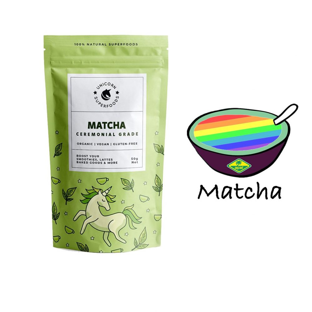 Verpakking Matcha poeder unicorn superfood voor smoothies en bowls